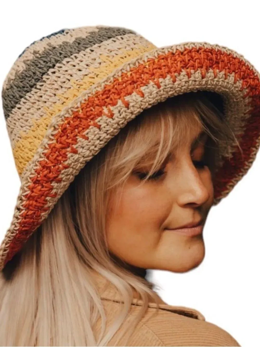 Crochet Straw Bucket Hat Colorful Striped Wide Brim Beach Sun Hat Packable NWT